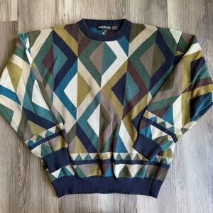 Bachrach Vintage Mens Geometric Diamond Intarsia Cotton Crewneck Sweater XL